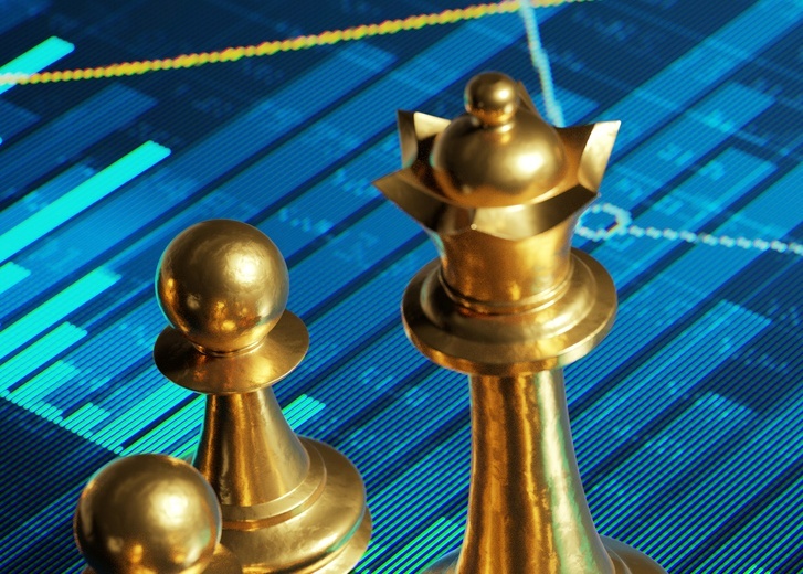 Chess pieces on stock chart